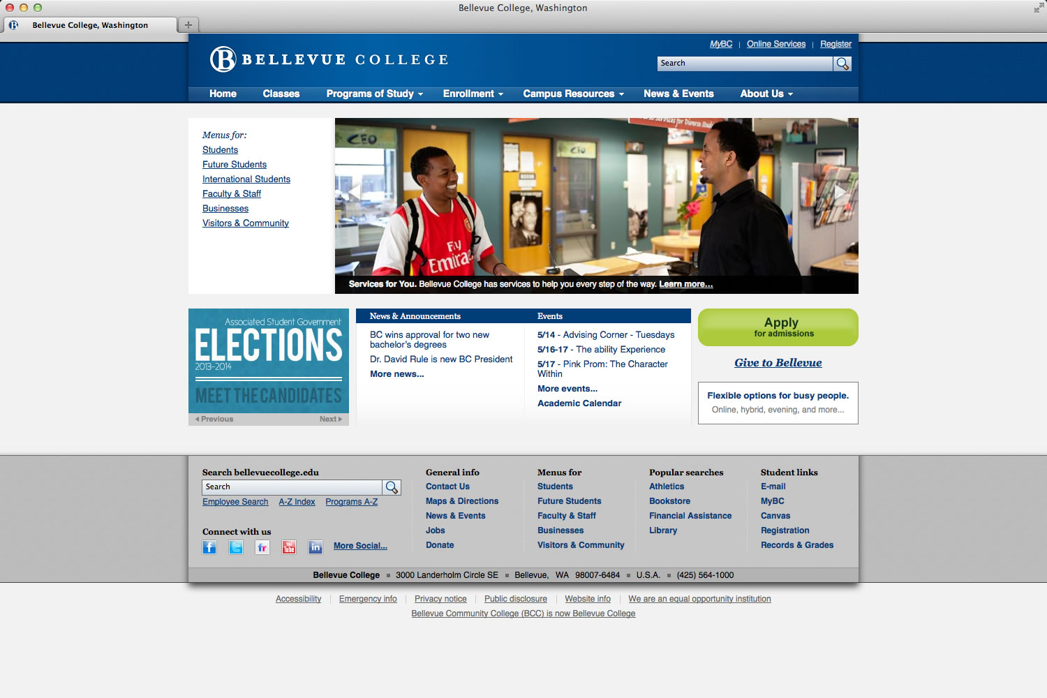 Bellevue College home page screenshot